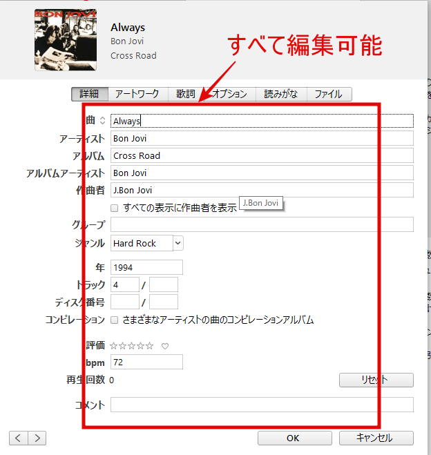 iTunes曲の情報編集画面